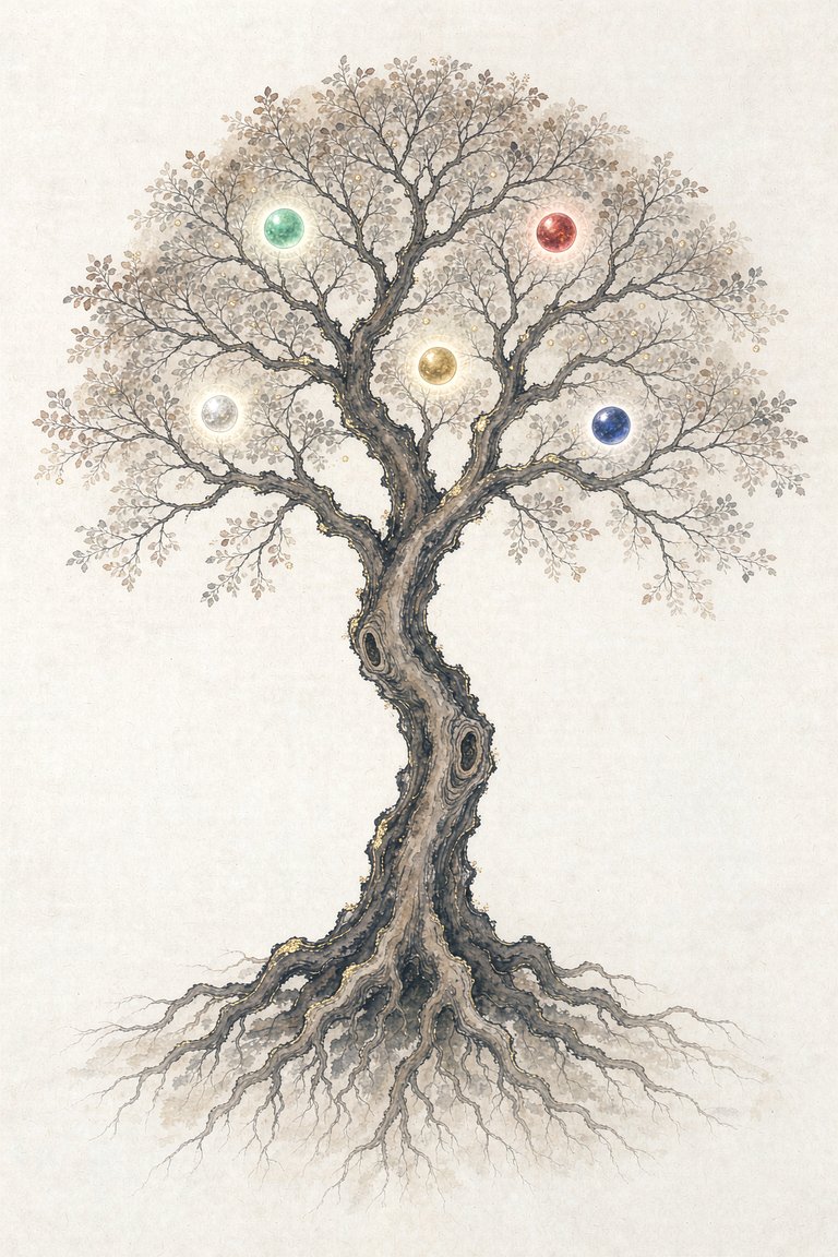 An ancient ink-painted tree with deep roots and five glowing elemental orbs resting among its branches